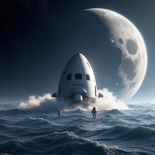 A dramatic space scene showing NASA's Orion spacecraft splashing down in the Pacific Ocean with the Moon in the background, featuring astronauts returning from a historic lunar mission, cinematic lighting, high-resolution digital art