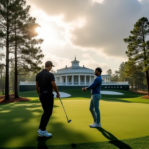 A dramatic golf scene at Augusta National Golf Club during the Masters 2026, featuring Cameron Young and Rory McIlroy sharing the lead with a spectacular backdrop of the iconic clubhouse and pine trees, professional sports photography style