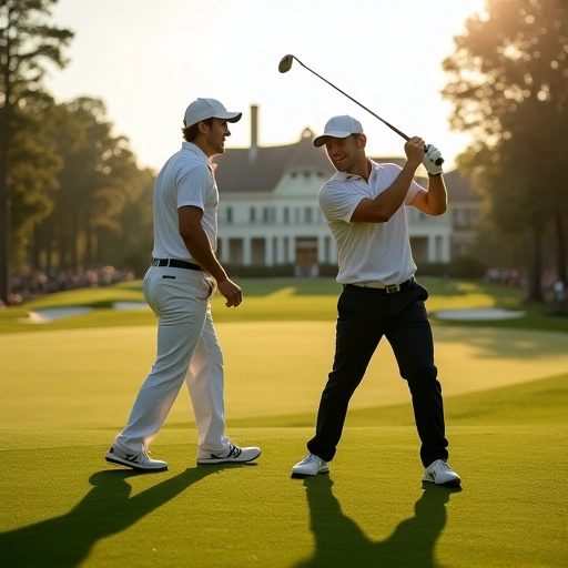 Rory McIlroy and Sam Burns sharing the early lead at the 2026 Masters Tournament, with a confident pose and beautiful spring day at Augusta National Golf Club