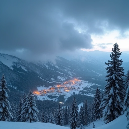A dramatic mountain landscape with heavy snowfall, Sierra Nevada mountains in winter with fresh powder, snow-covered pine trees, dark storm clouds overhead, and a ski resort with lit-up lodges visible in the valley below.