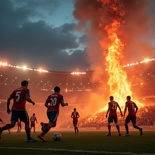 A dramatic soccer match scene between Tigres UANL and Chivas Guadalajara at the Estadio Universitario in Monterrey, with the volcano-like atmosphere, passionate fans, and intense action on the field